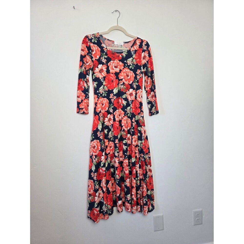 Sign Here Bright Red Floral Swing Midi Dress Jersey Modest Teacher Comfy Small